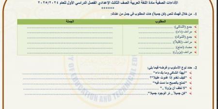 مراجعات نهائية.. أسئلة تقييم الأسبوعين الثالث والرابع لغة عربية لـ الصف الثالث الإعدادي